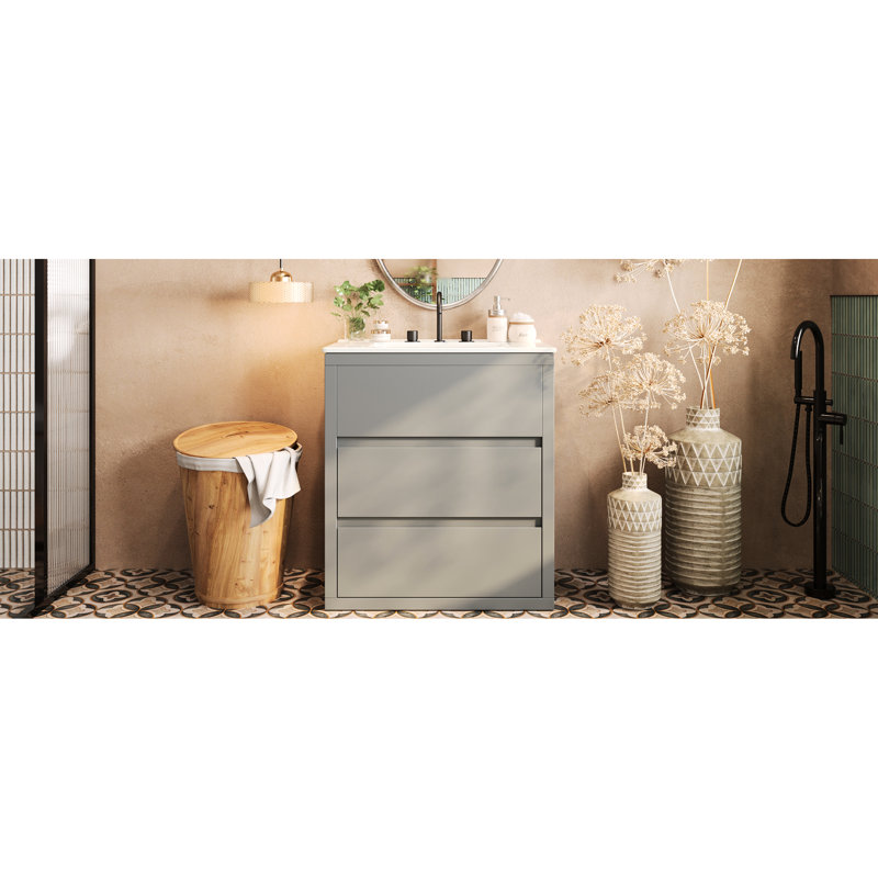 Meuble-lavabo américain de luxe 30 po, lavabo en céramique de haute qualité, 2 tiroirs avec un design biseauté à 45 °, glissières encastrées à fermeture en douceur, système de tiroir contemporain de couleur grise, grand rangement, finition