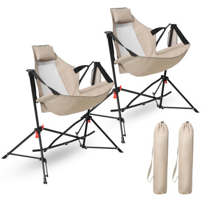 Ensemble de 2 chaises berçantes de camping hamac pliantes portatives, fauteuil inclinable et pivotant en aluminium à dossier réglable avec porte-gobelet, chaise de jardin d'extérieur robuste de 250 lb avec sac de transport, kaki
