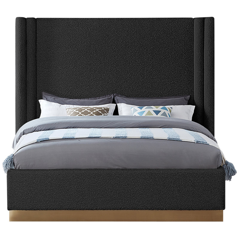 Halton Platform Bed, King, Black Boucle Fabric