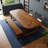 Rectangular solid wood breakroom table set, including a bench and two padded chairs-116557660