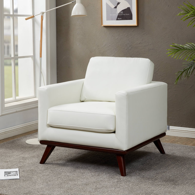 Khadeshia Mid-Century Modern Leather Accent Chair – Solid Birch Wood Frame Armchair with High-Density Foam & Pocket Springs, 300 lb Capacity Arm Chair for Living Room, Bedroom, Executive Office