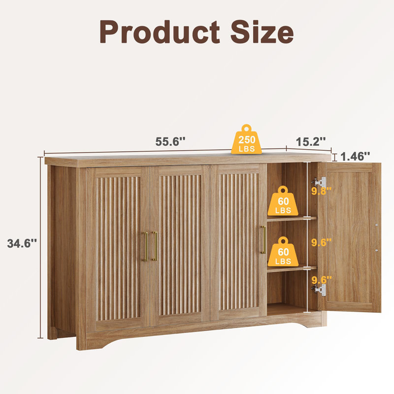 Modern Credenza with 4 Doors & Adjustable Shelves