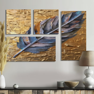 Boho Glam Exquisite Blue Feather On Gold Painting - Large Feathers Wall Decor 4 Pieces