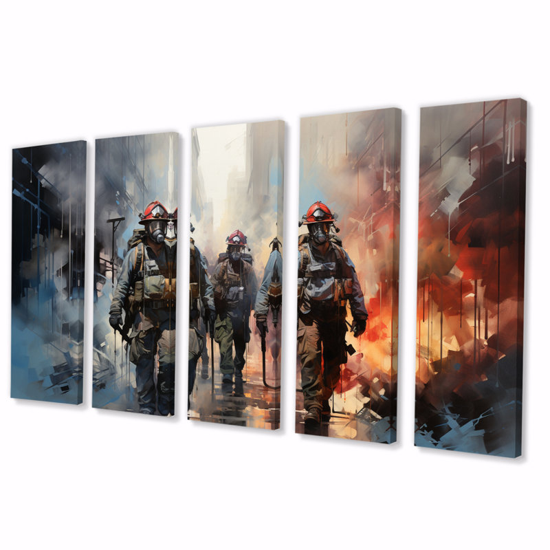 «Fireman Heroes In Action II», reproduction d'art sur toile - 5 panneaux égaux
