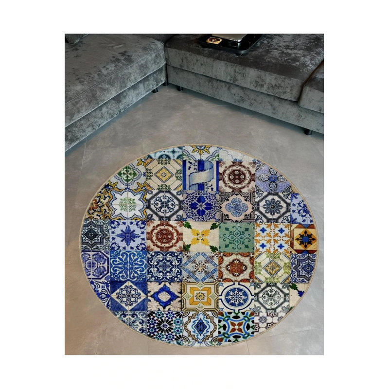 Patchwork Tile Patterned Woven Base Modern Decorative Carpet, Round 2'8"
