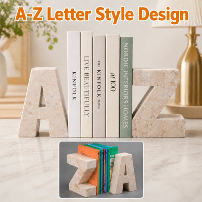 Hand-Carved Solid Marble Bookends Heavyweight A to Z Decorative Stone Set for Office or Home Shelf Display