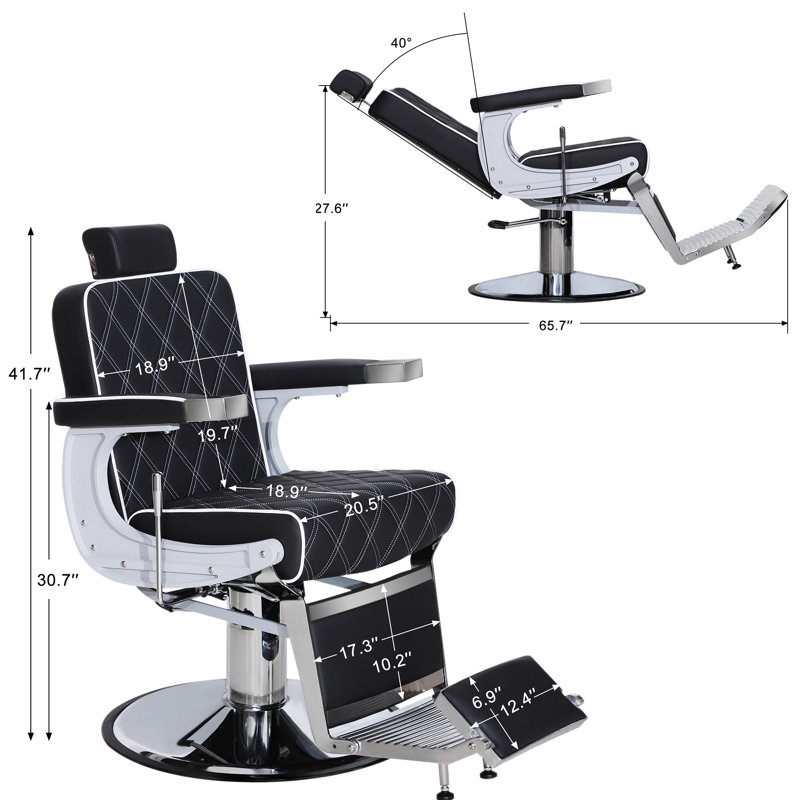 26.7" Wide Vegan Leather Heavy Duty Metal Manual Ergonomic Recliner Barber Chair, Black/White Faux Leather