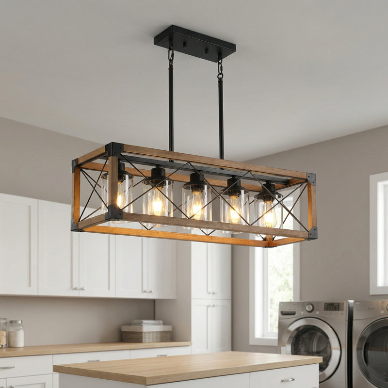 Luminaire suspendu linéaire ajustable rustique 5 lumières, Noyer, Oui
