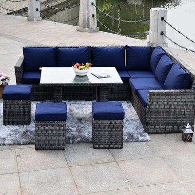 Dengler 5 Piece Rattan Lounge Navy Blue Cushion Cover
