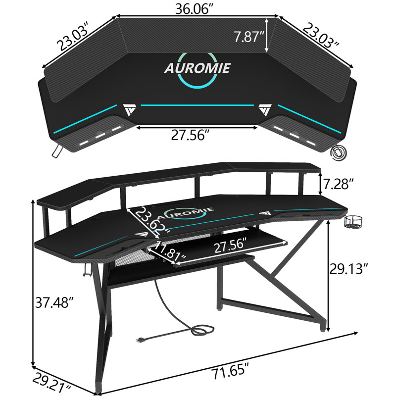 Berlanga Gaming Desk with Power Outlet & Led Strip, Large Wing-Shaped Computer Desk with Monitor Stand