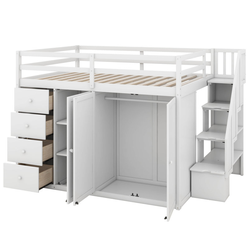 Jaquai Full Size Wood Loft Bed With Built-in Wardrobes, Cabinets and Drawers, White