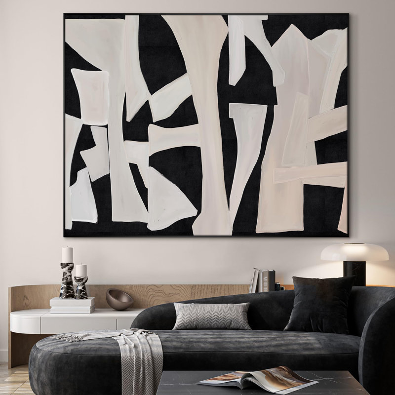 Extra Large Wall Art Fabric Print - Black Cutout Abstract Bold Collage Look Illustration Artwork Decor for Living Room or Bedroom - "Frame Assembly Required (Unfinished Frame)"