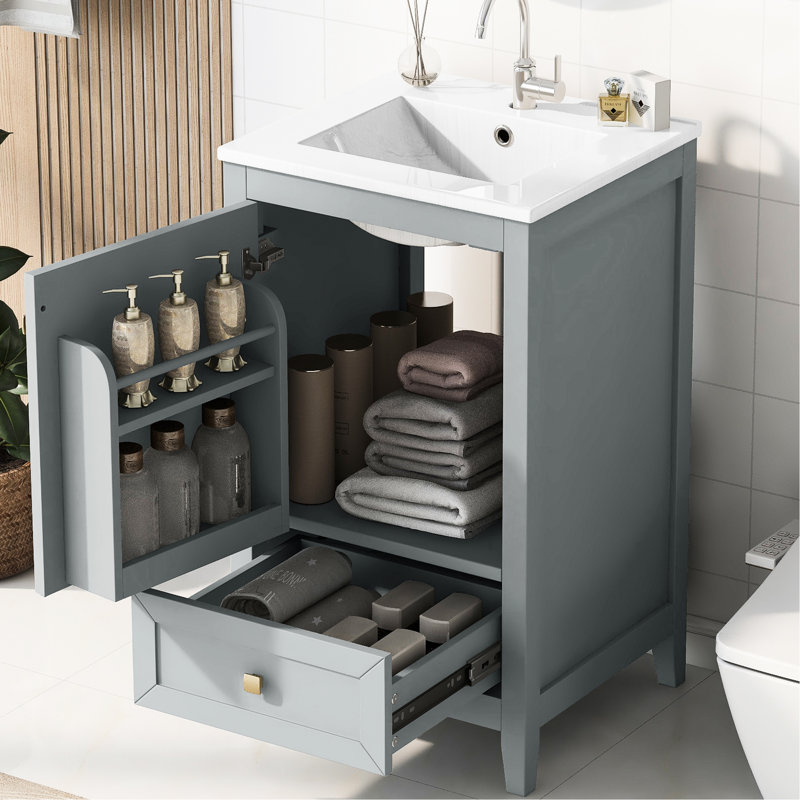 Lavabo de salle de bain, 20 po, gris. Armoire avec rangement. Et céramique. Finition. Unité de lavabo grise requise de 20 po. Support pratique. Planche facile à nettoyer.