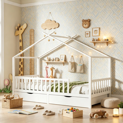 Structure de lit pour enfant à profil bas avec 2 tiroirs de rangement et garde-corps à 3 côtés pour transition, pleine grandeur, blanc crème