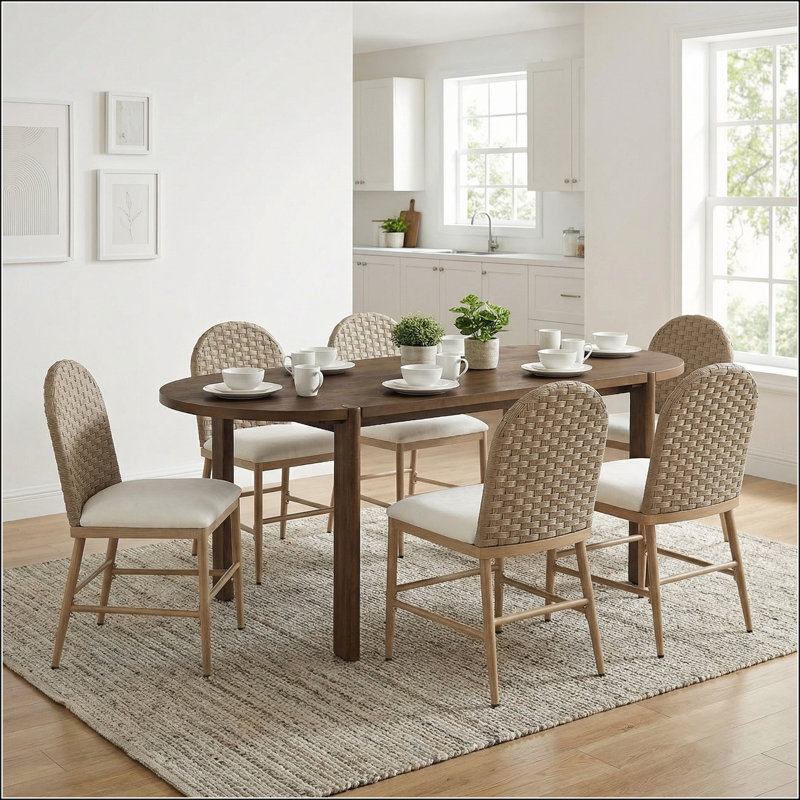 Ensemble de salle à manger 7 pièces ovale moderne, table de cuisine rustique en bois massif avec 6 chaises confortables pour un repas élégant