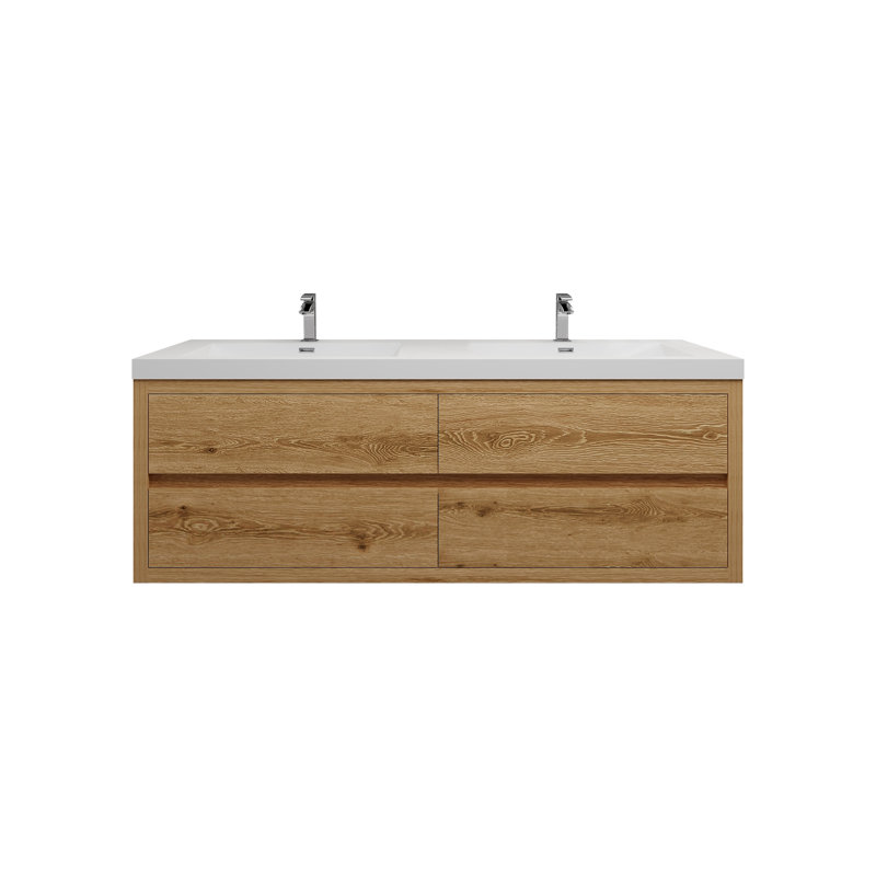 Meuble-lavabo double 59 po avec comptoir en acrylique Comptche, Bois clair