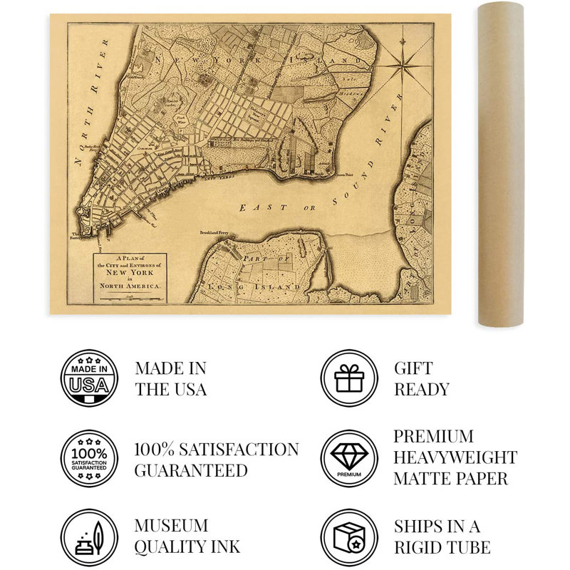 1776 Plan of New York City Map Poster Wall Art on Paper, 18" H x 24" W x 0.1" D
