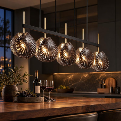 Cinq lumières de style moderne à abat-jour en verre gris pour îlot de cuisine et salle à manger