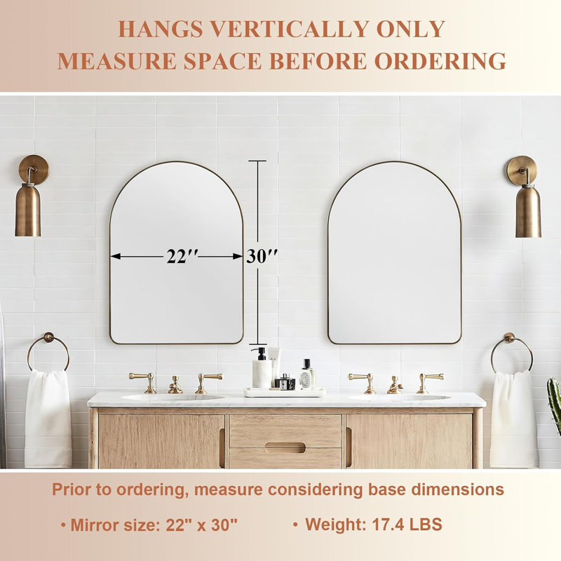 Miroir de salle de bain Hafsa Cadre en acier inoxydable, 30 po x 22 po, Or brossé