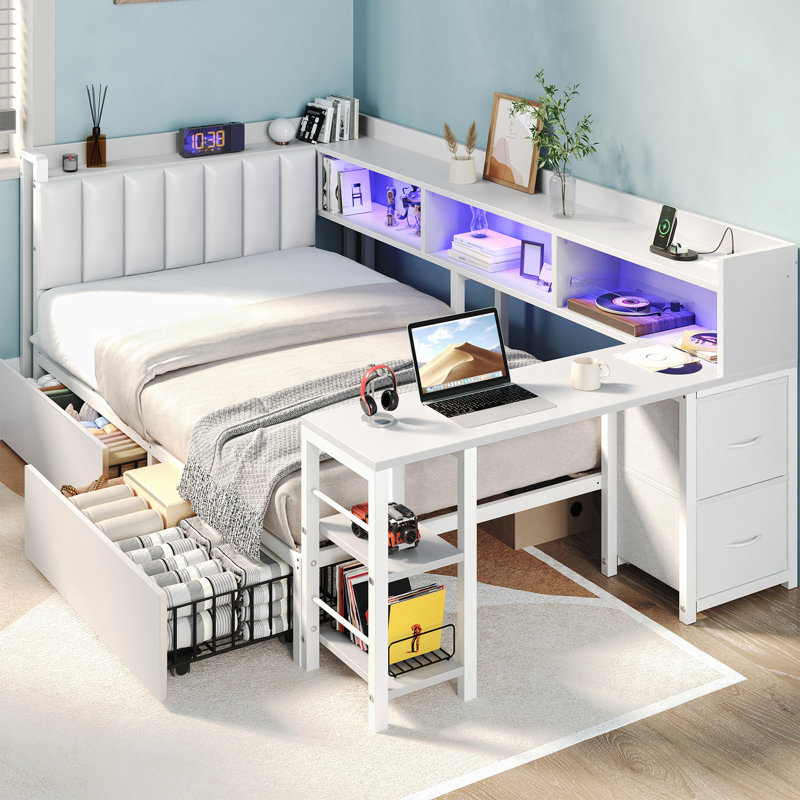 Structure de lit simple d'angle avec bureau et bibliothèque, structure de lit en L avec station de charge, lumières DEL et tête de lit tapissier, lit plateforme en métal pour adolescents, aucun sommier nécessaire