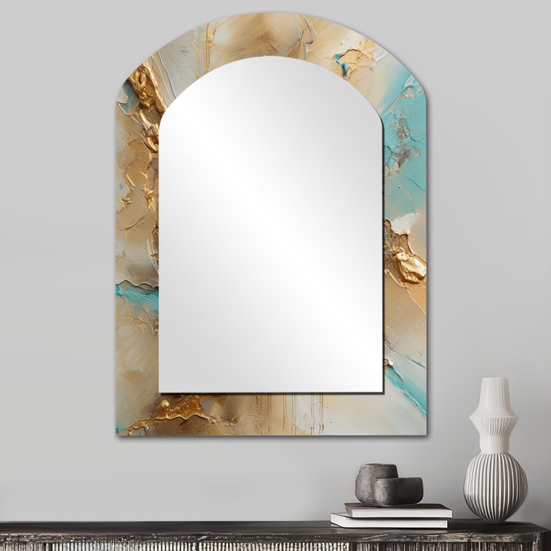 «Gold Blue Transcendent Liquide II» - miroir asymétrique unique en marbre, grand miroir mural doré, impression sur métal