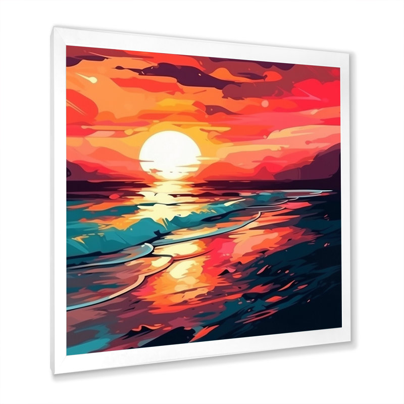 Coucher de soleil sur la plage, couleurs rétro expressives I sur toile, H 16 po x l 16 po x P 1 po, Cadre simple blanc