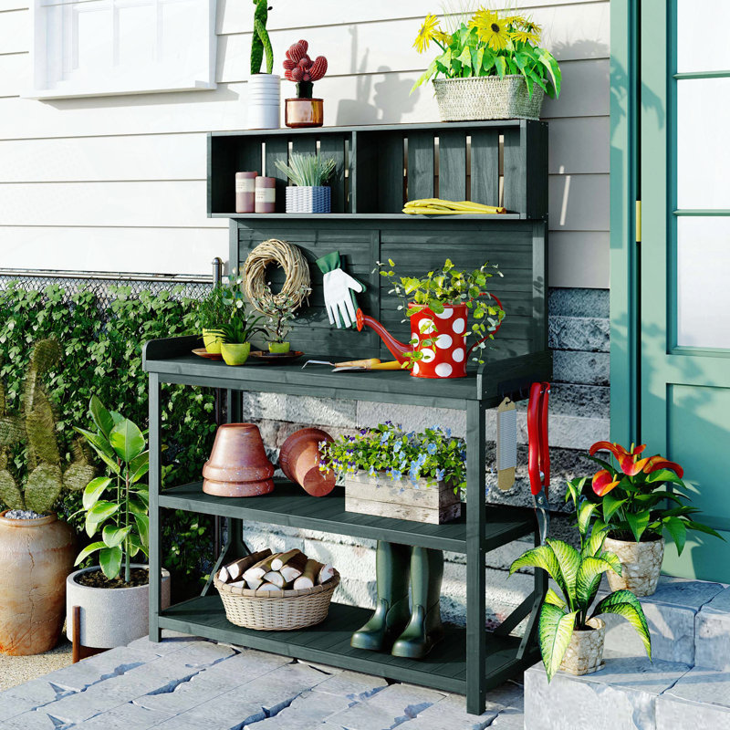 Banc de rempotage en bois avec tablettes de rangement