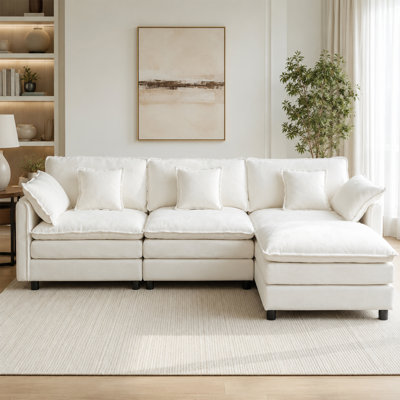 106” Boneless Could Sofa for Living Room, 3-Seater Modular Sectional Couch with Movable Ottoman, White