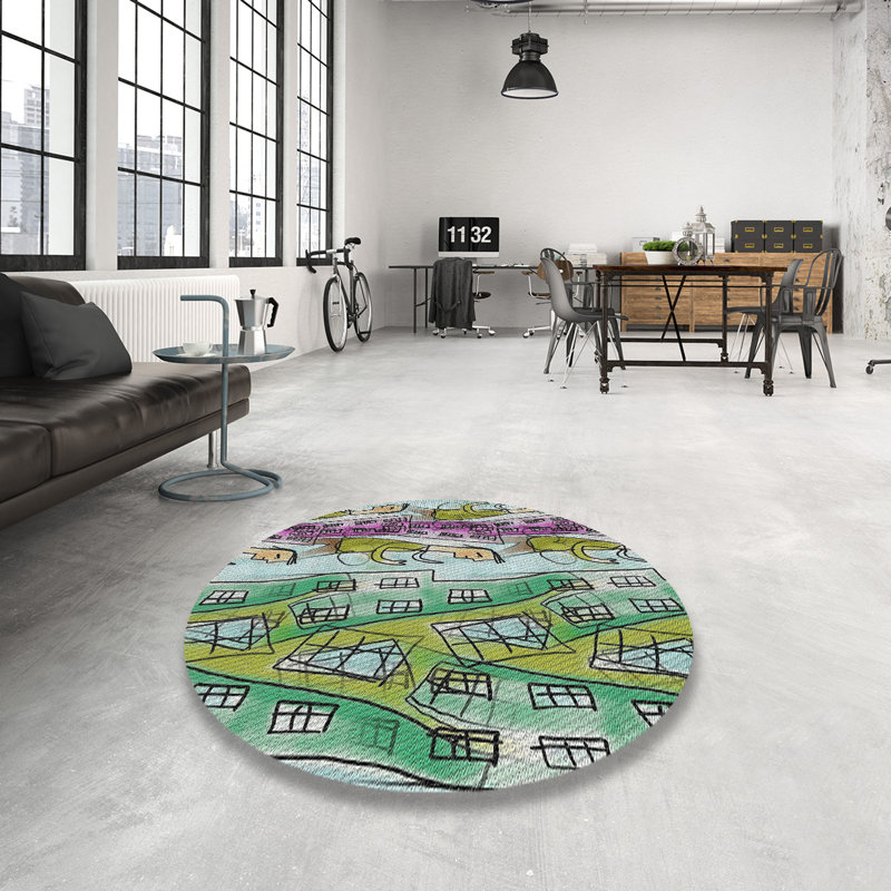 Tapis brun/vert à motifs, Rond 7 pi