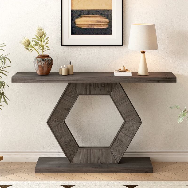 Table d'entrée moderne avec structure à pieds hexagonaux novateurs et finition en placage de sapin de qualité supérieure pour une sophistication