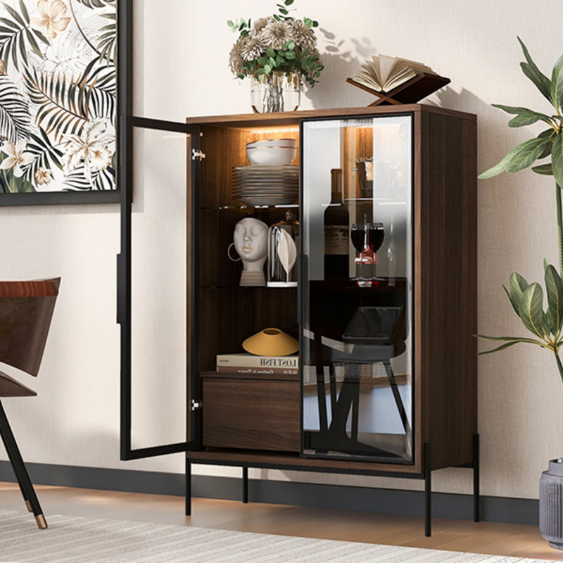 Lighted Display Cabinet With Tempered Glass Door, Led Curio Cabinet, Accent Cabinet, Black/Dark Walnut