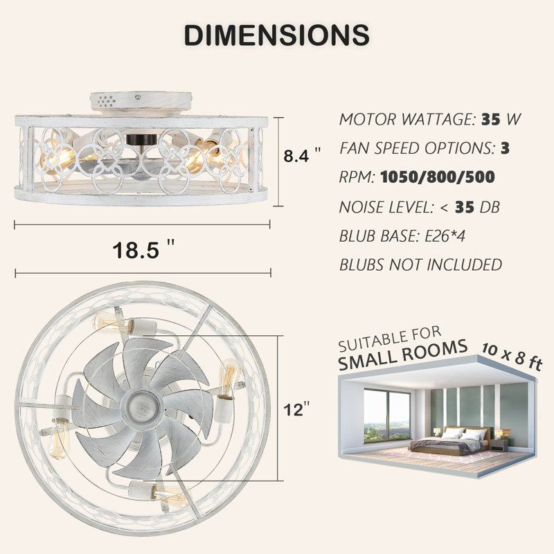 20" Flush Mount Vintage White Caged Ceiling Fan with 4-Light Base, 3-speed, Remote Control Reversible Motor for Bedroom