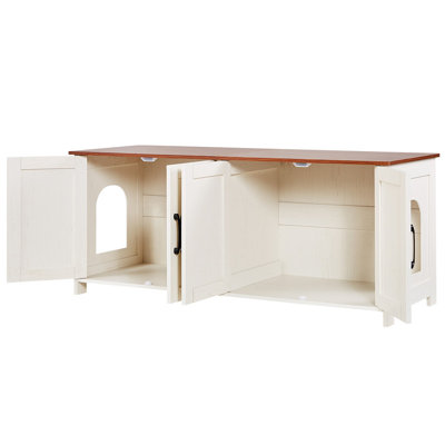 47" Brown & White Cat Litter Box Cabinet, Hidden Multi-Cat Enclosure with Rattan Doors & Ventilation