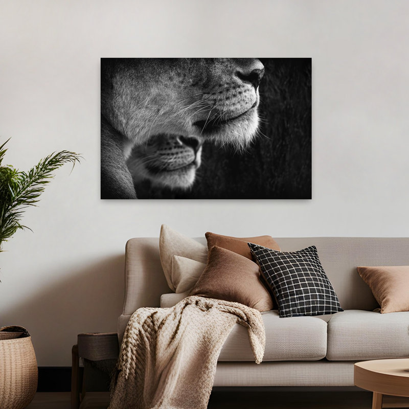 Portrait d'un lion majestueux de profil, félin serein et contemporain, style nature, impression d'art mural, 32" H x 48" W
