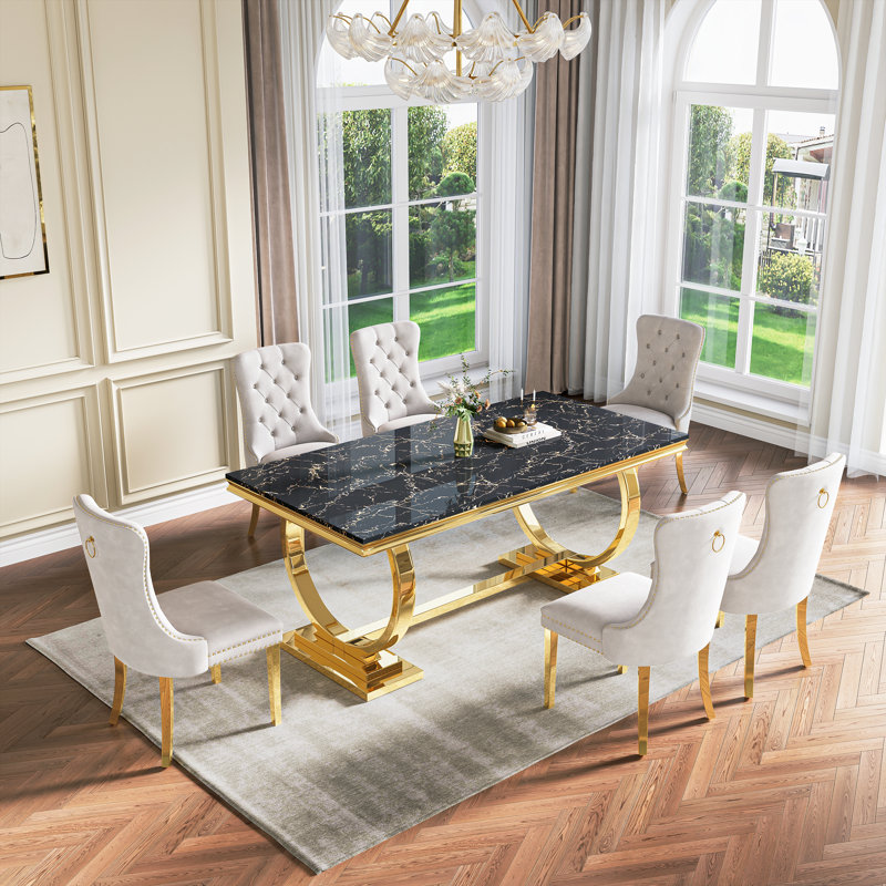 Rectangular 70.1"L X 35"W Dining Set, Blanc / Doré, Noir et or, 7 pièces : table, 6 chaises