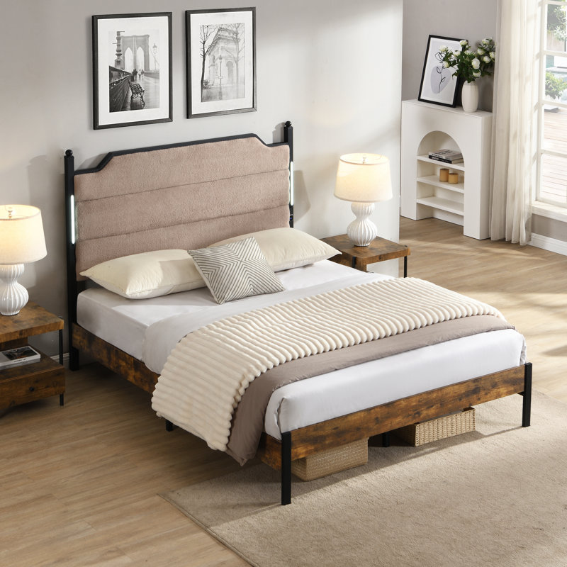 Structure de grand lit avec tête de lit tapissier, fonction de charge et lumières DEL à commande tactile, amplement d'espace de rangement, performance sonore, aucun sommier nécessaire, ajout de chambre à coucher confortable moderne, agneau