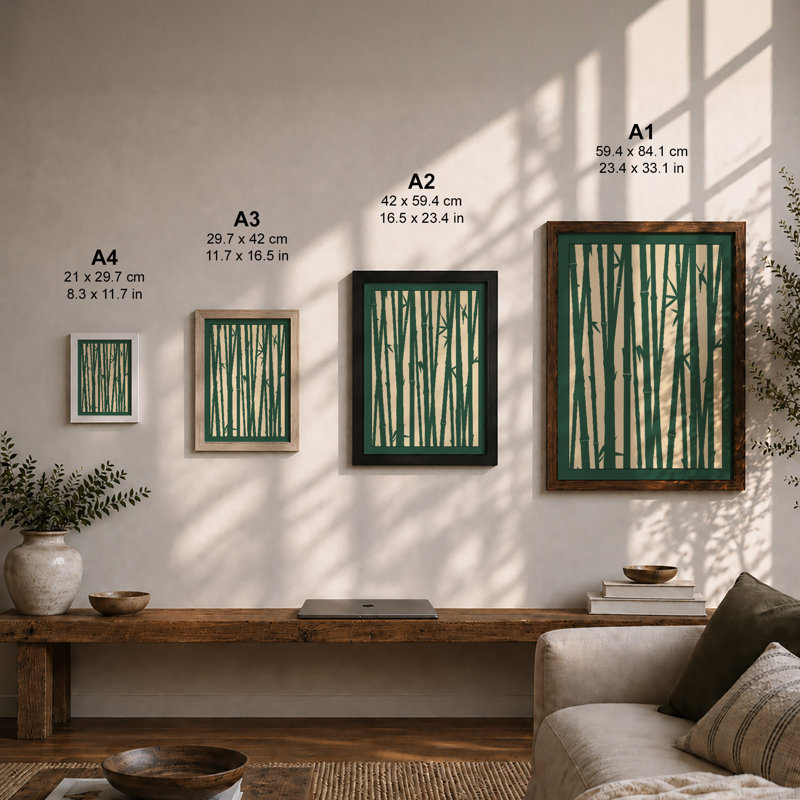 Bamboo in Green Japandi - Framed Print, Black, A3 - 42.0 x 29.7 cm