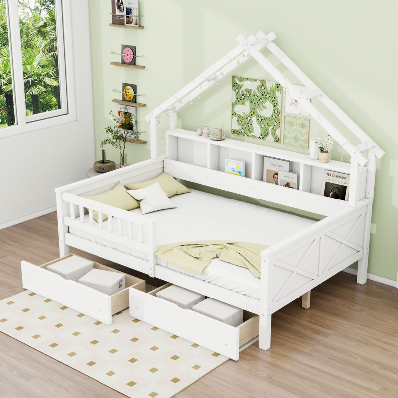Lit plateforme double en bois avec deux tiroirs avec lumières DEL, tablettes et lattes, Blanc