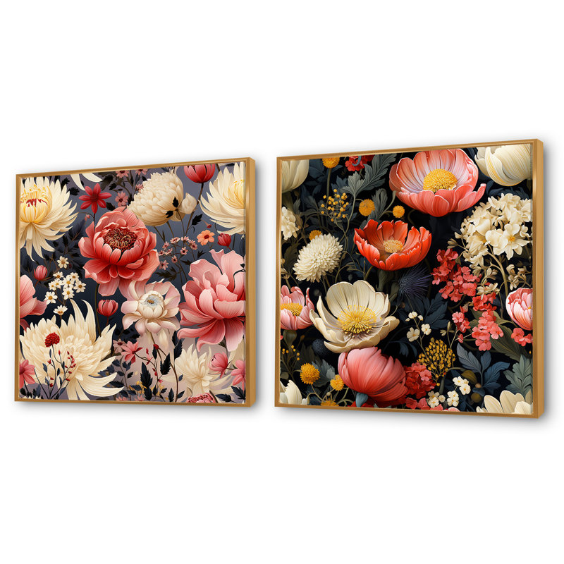 Native Grace - Jardin sauvage rose - Ensemble de 2 collages floraux carrés, Cadre flottant doré, H 16 po x l 33 po