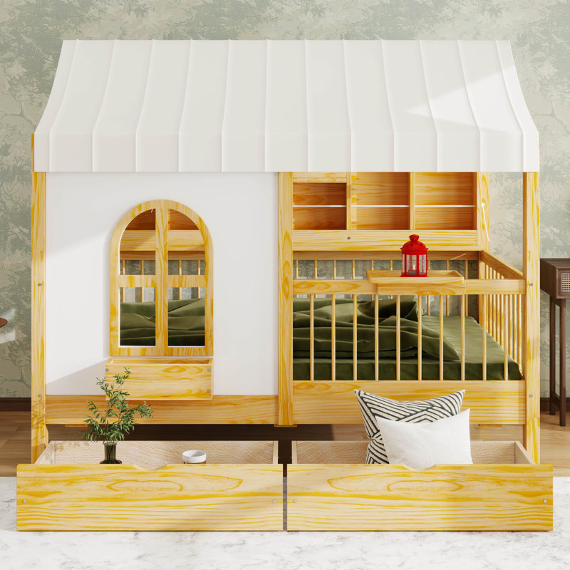 Lit en bois avec 2 tiroirs, lit Montessori avec bande à DEL et station de charge, bibliothèque et garde-corps, Naturel