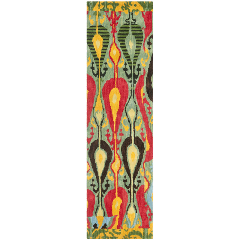 Tapis vert / rouge / jaune touffeté à la main Kline, Tapis de couloir 2 pi 3 po x 12 pi
