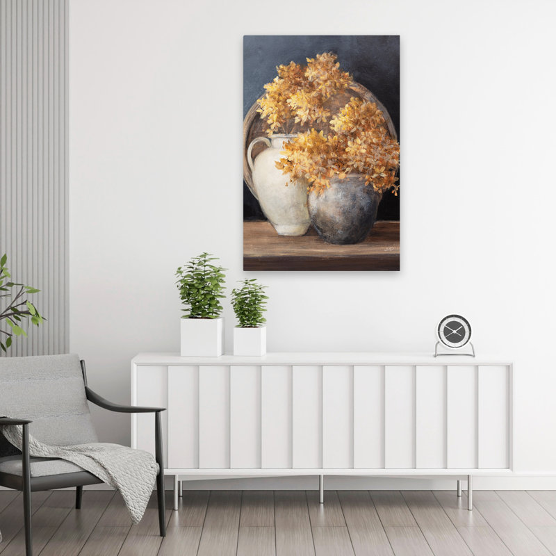 Hortensias dorés II bleu contemporain bleu gris floral automne brun, H 36 po x l 24 po