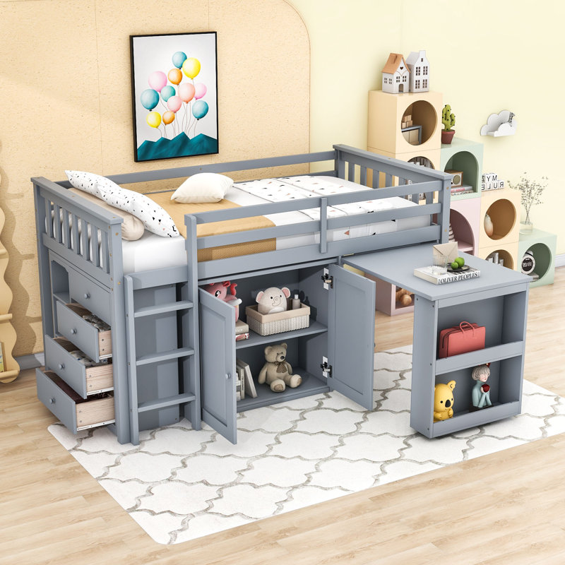 Lit mezzanine simple avec armoire, tiroir, tablette et bureau, gris