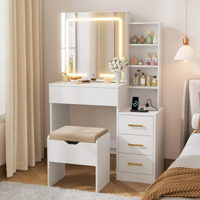 White Vanity Desk with LED Lights, Sliding Mirror, Power Outlet and 4 Drawers