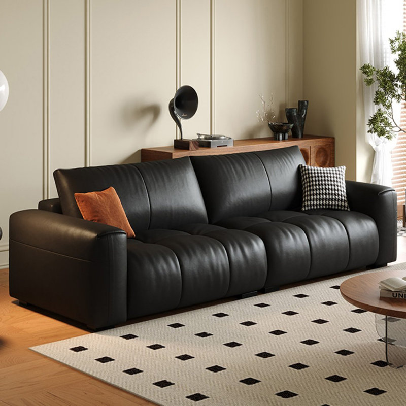 Canapé modulaire noir en cuir véritable, 29.92" H x 86.61" W x 41.34" D