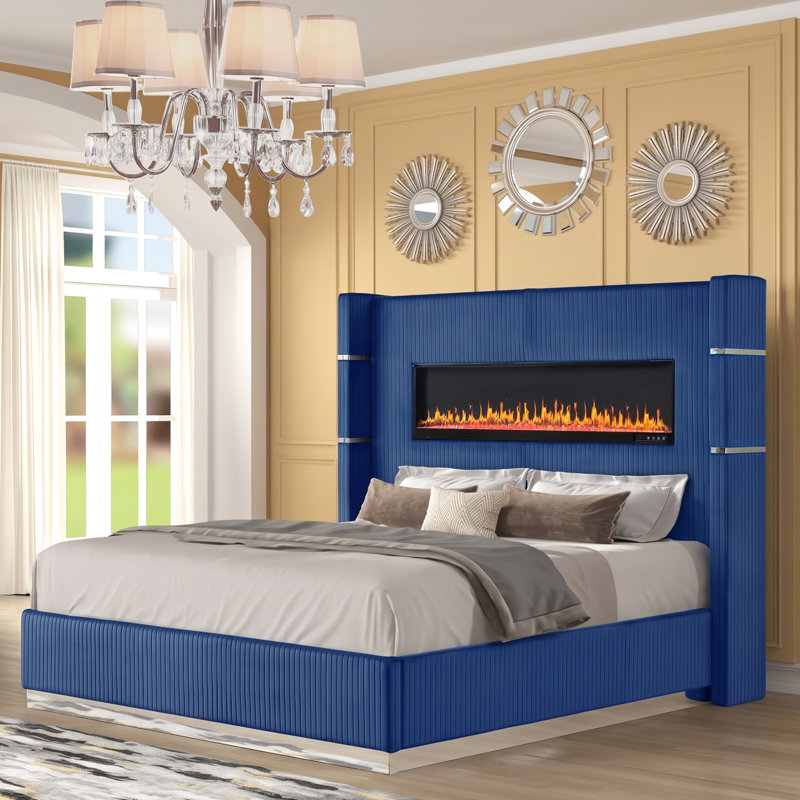 Ensemble de chambre à coucher 4 pièces Ashray, Bleu marine, 4 Pcs: Bed, Nightstand, Mirror, Dresser, Très grand