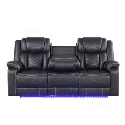 Modern Contemporary LED Power Recliner Sofa Including Cup Holders Made With Wood And Metal Frame In Black