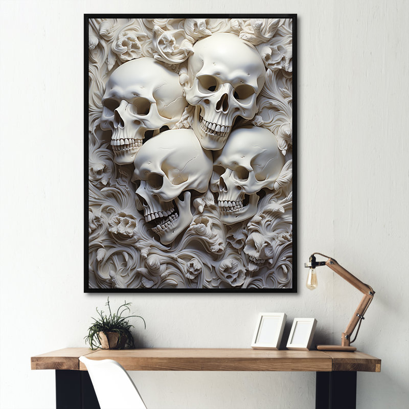 Minimalisme, crânes gris sur toile, Gold Picture Framed, H 32 po x l 16 po
