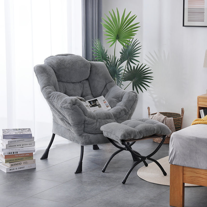 Gray Plush Metal Accent Chair with Ottoman