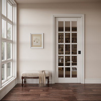 Porte intérieure en verre transparent 15-Lite, porte en verre trempé CARB P2 en panneau de fibres à densité moyenne et en verre trempé, avec cadre solide renforcé et serrure de poche noire et ensemble de quincaillerie, pré-fini et imperméable, pour garde-manger, chambre à coucher, salle de bain et placard, facile à bricoler, 36 po x 80 po